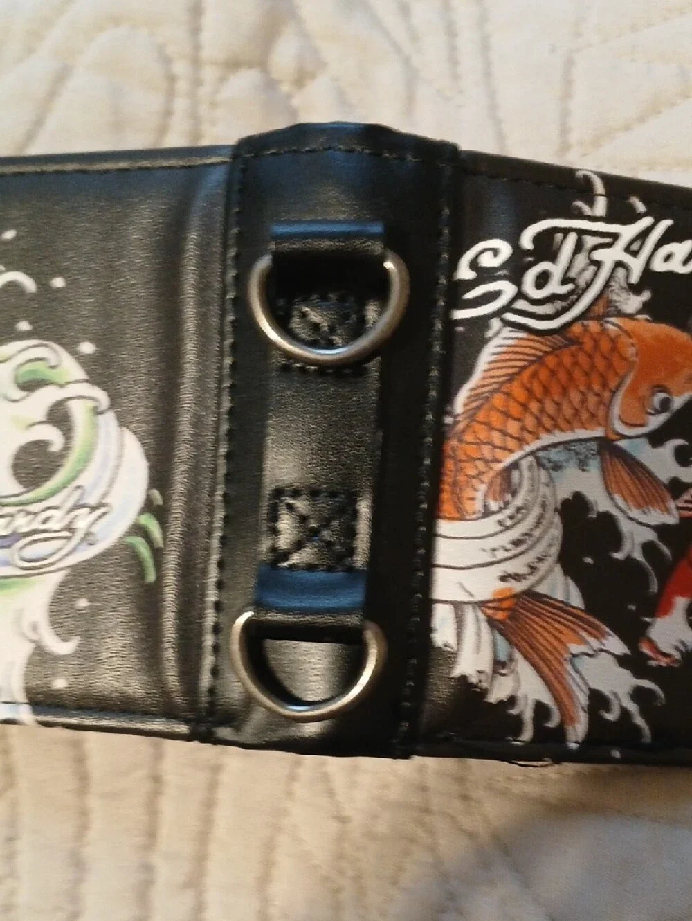 Ed Hardy Black Wallet with Orange & Red Koi Fish Design
